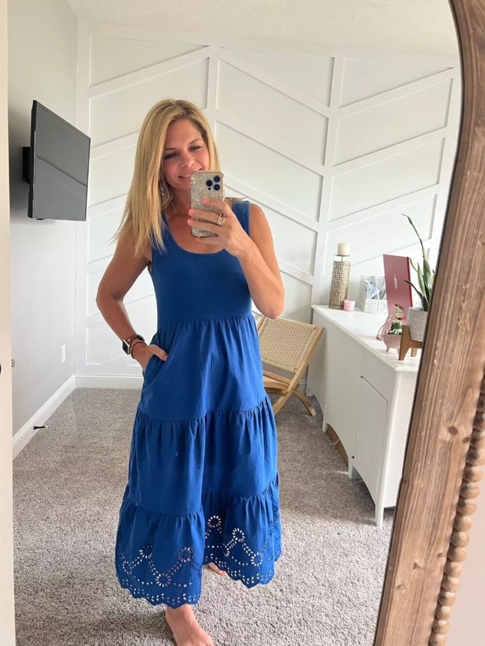 Sleeveless Maxi Dress in Cobalt Blue with Pockets and Tiered Skirt
